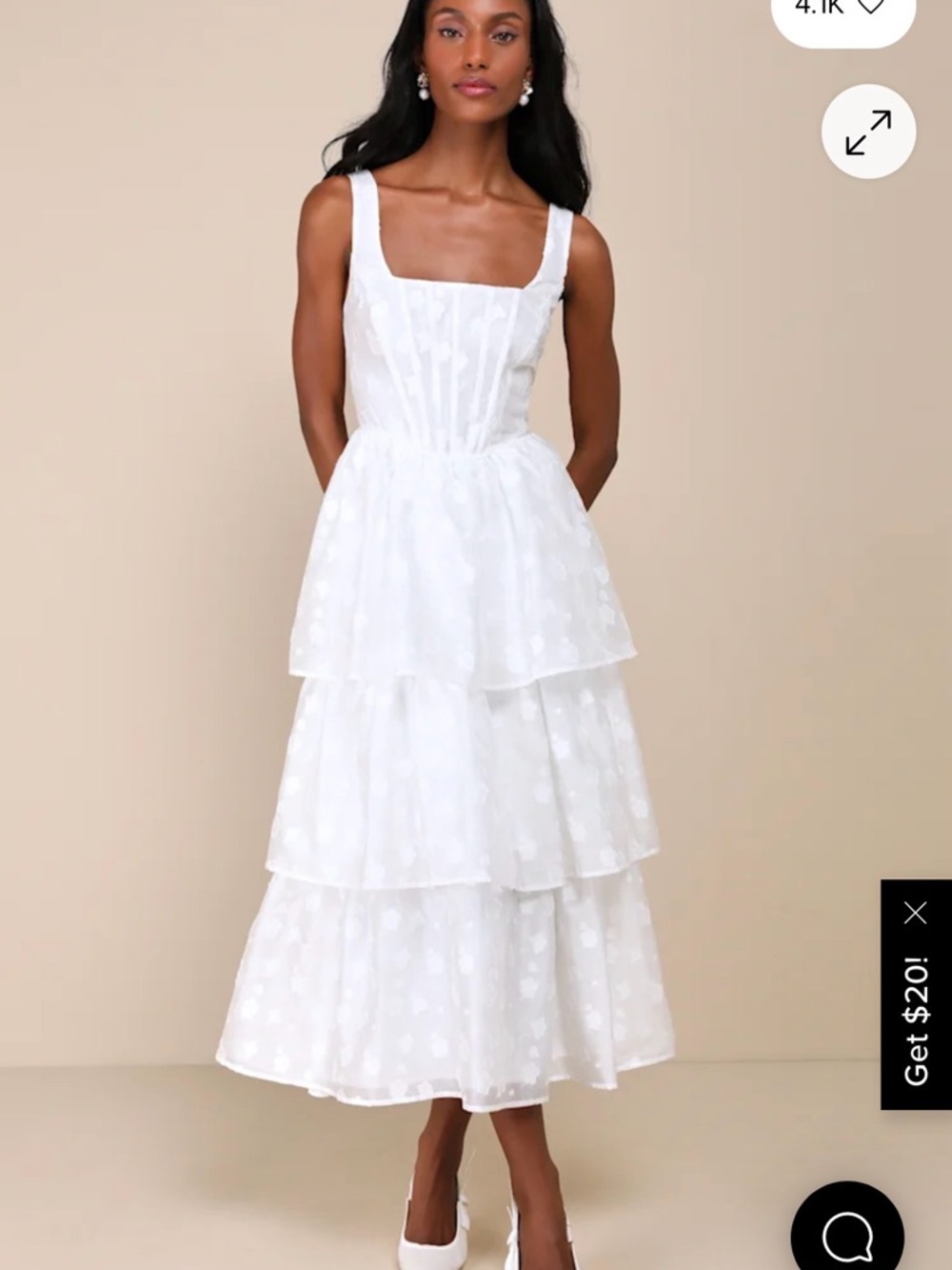 Lulus- White Tiered Midi Dress with Square Neck